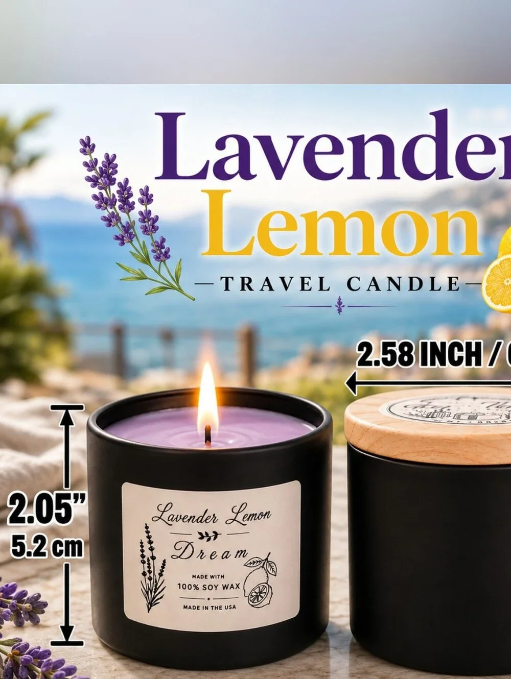 Lavender Lemon Dream 4oz Travel Candle 100% Soy Wax Matte Black Tin with Lid Mad